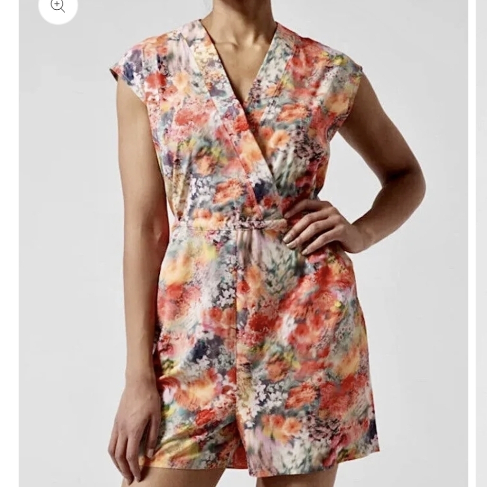 Athleta Multicolor Floral Print Romper - Coral, Yellow, Blue